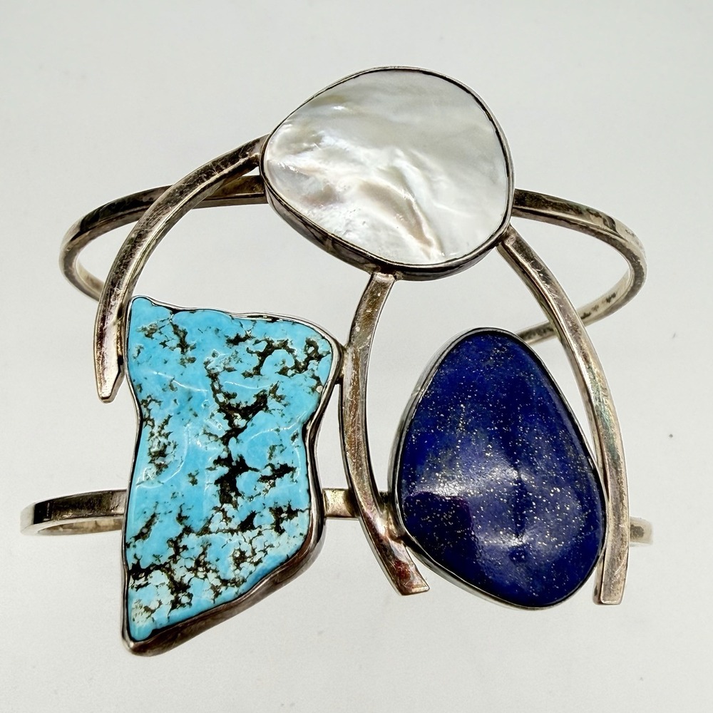 Vtg‎ 950 Silver Turquoise Cuff Bracelet Southwest Lapis Mop Modernist Abstract